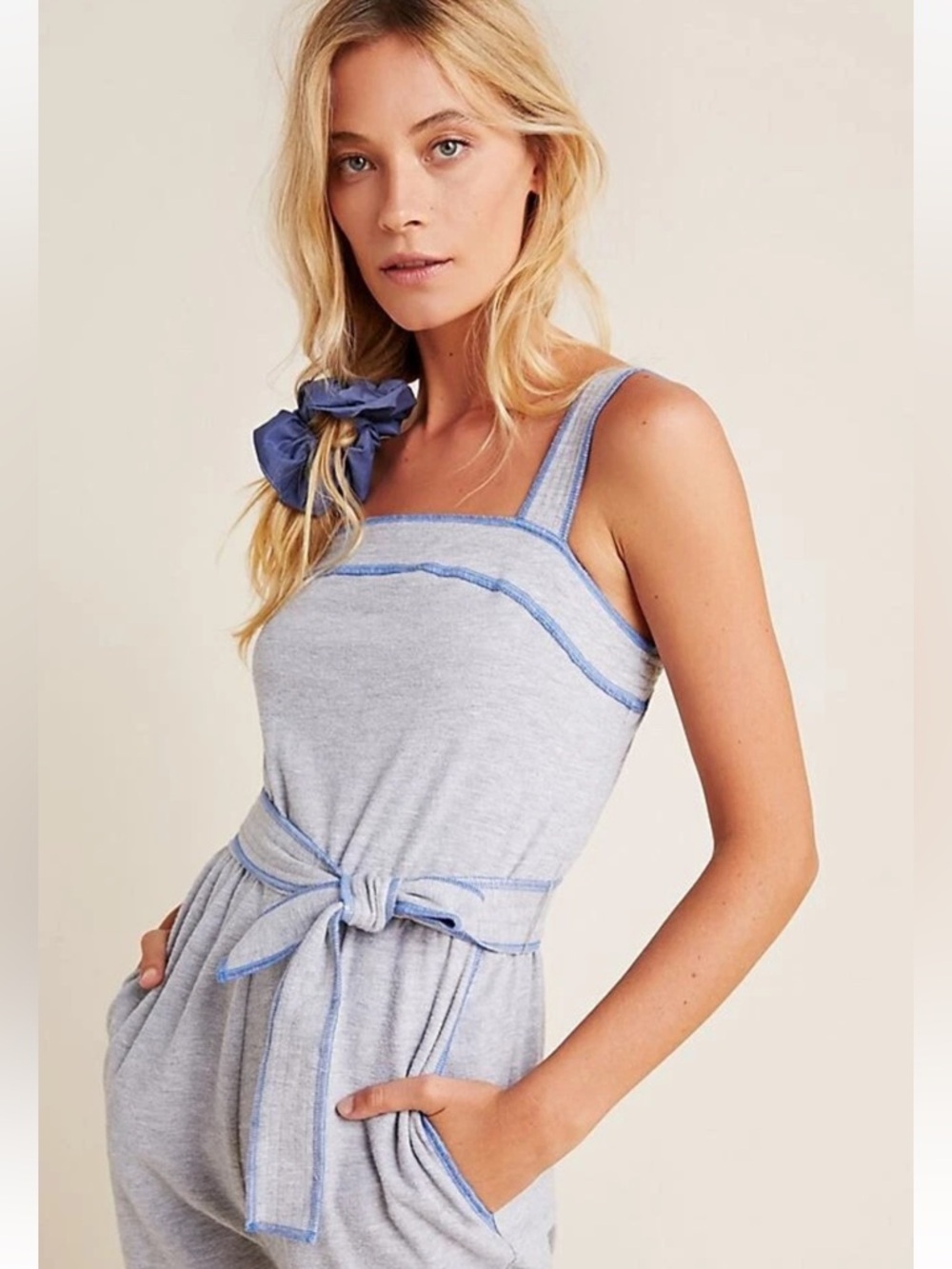 ANTHROPOLOGY SATURDAY/SUNDAY MADELINE GRAY KNIT WITH BLUE TRIM JUMPSUIT SZ Med